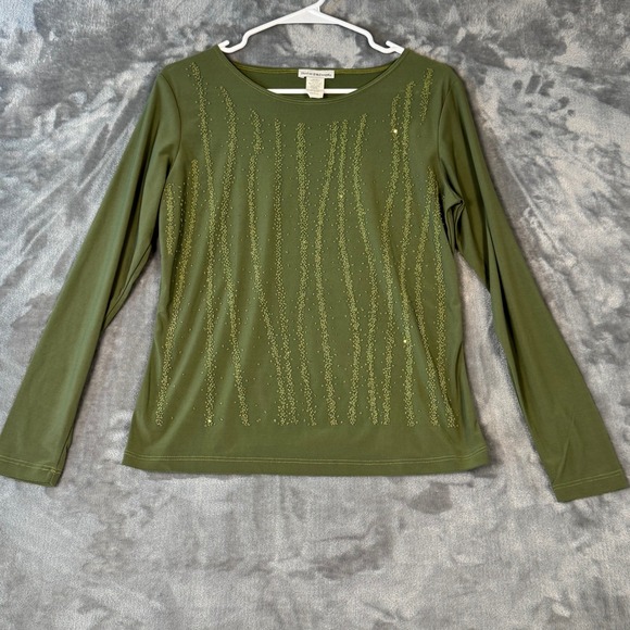 Bleeker & Mcdougal Tops - Bleeker & McDougal Womens Olive Green Beaded Sequin Long Sleeve Top Size M